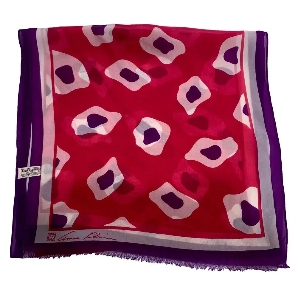 Anne Klein Vera Neumann Silk Scarf | Pink Purple Ivory Long Signed Scarf